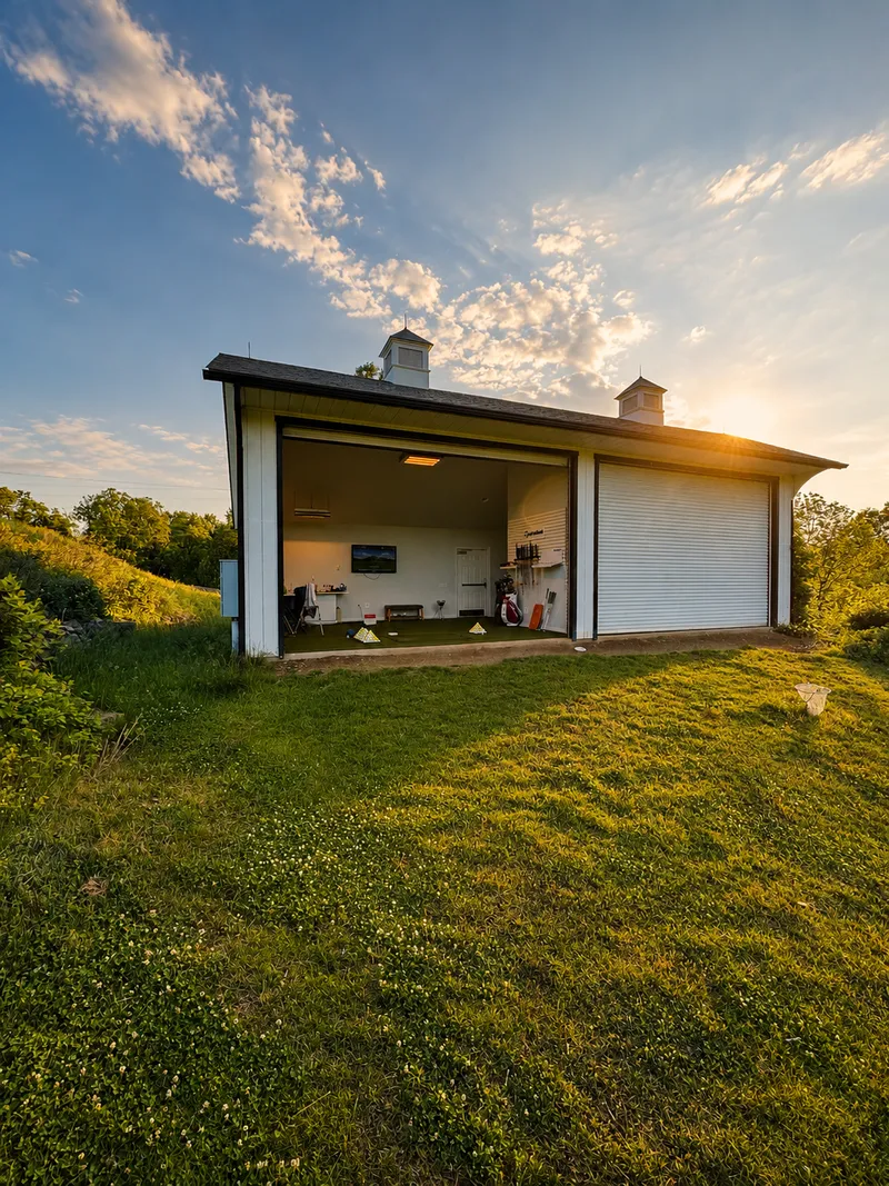 The academy studio at sunset, its big door open
